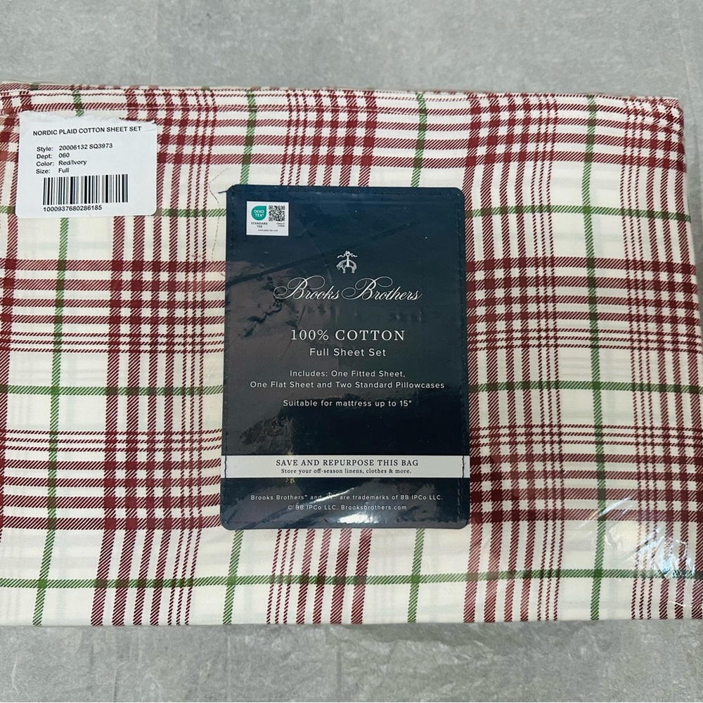 NEWBrooks Brothers Full Size Sheet Set Christmas Plaid Red & Green 100% Cotton